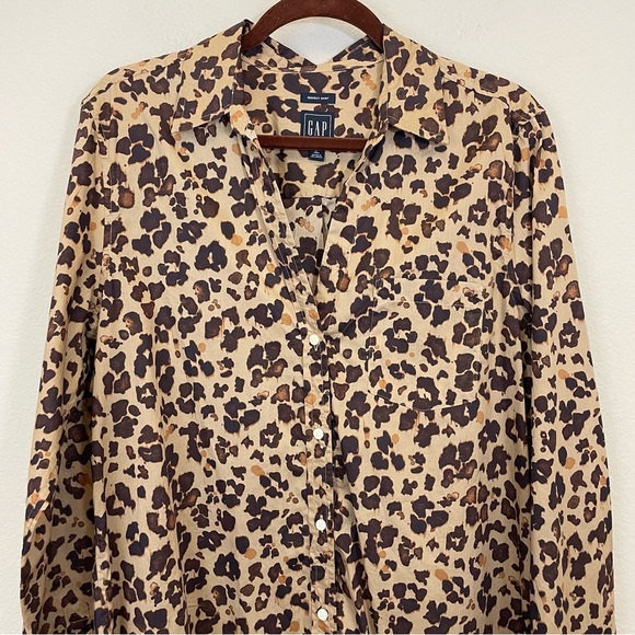 GAP Leopard Print Perfect Shirt Long Sleeves Cotton Button Up Blouse Size L Tall - Picture 7 of 13